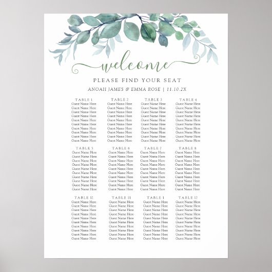 Elegant Eucalyptus Wedding Seating Chart Poster (Voorkant)