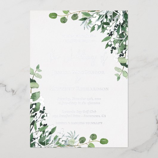 Elegant Eucalyptus Wedding Silver Folie Uitnodiging (Voorkant)