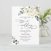 Elegant Eucalyptus White Roses Floral Wedding Save The Date (Staand voorkant)