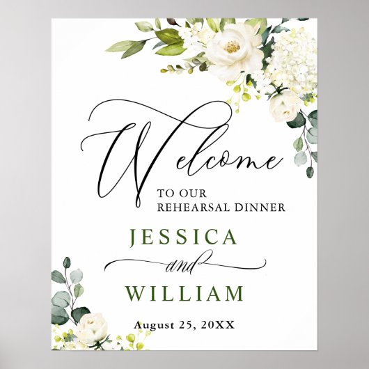 Elegant Eucalyptus White Roses Rehearsal Dinner Poster (Voorkant)