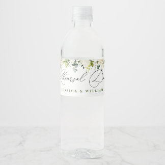 Elegant Eucalyptus White Roses Rehearsal Dinner Waterfles Etiket