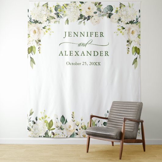 Elegant Eucalyptus White Roses Weddenschap Backdro Wandkleed (In situ)