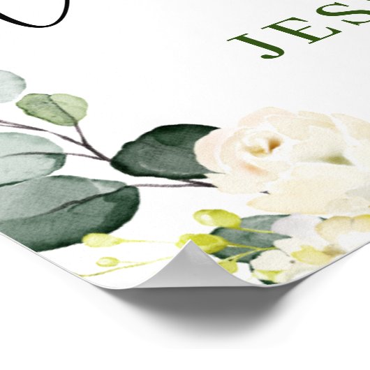 Elegant Eucalyptus White Roses Weddenschap Welkom Poster (Hoek)