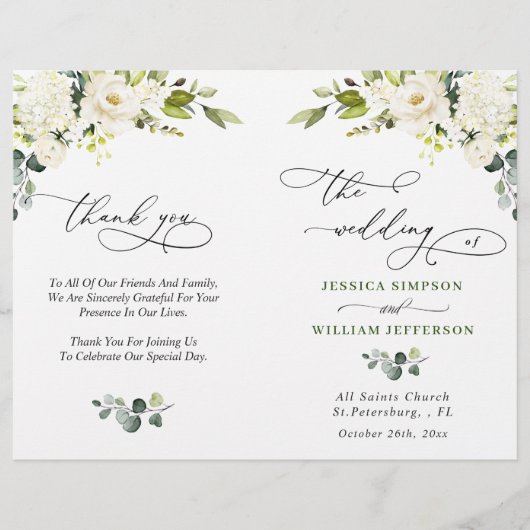 Elegant Eucalyptus White Roses Wedding Programme (Voorkant)