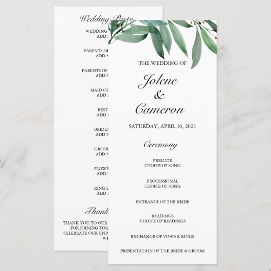 Elégant Eucalyptus White Wedding Programme (Devant / Derrière)