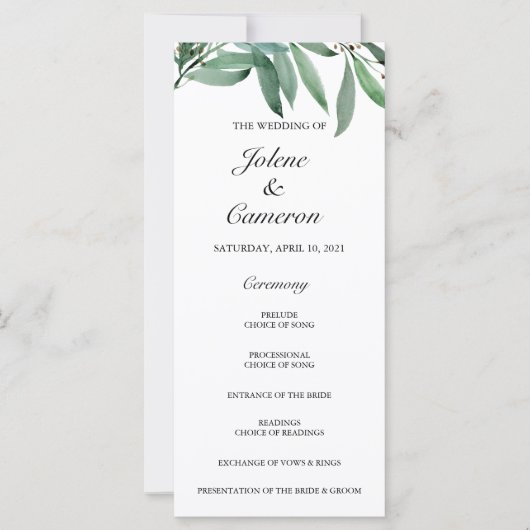 Elégant Eucalyptus White Wedding Programme (Devant)