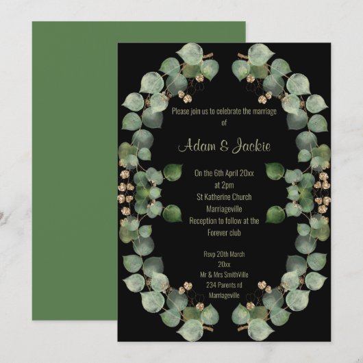 Elegant Eucalyptus Wreath Wedding Black Kaart (Voorkant / Achterkant)