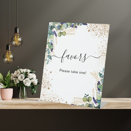 Elegant eucalyptusgroen gunst teken reclamebord met voetstuk