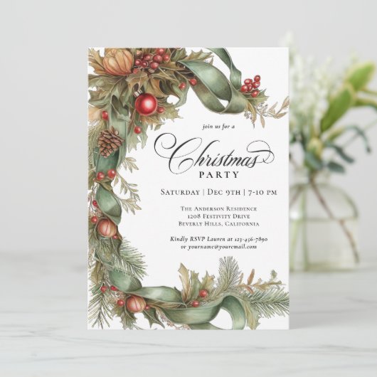 Elegant Evergreens en linten kerstfeest Kaart (Staand voorkant)