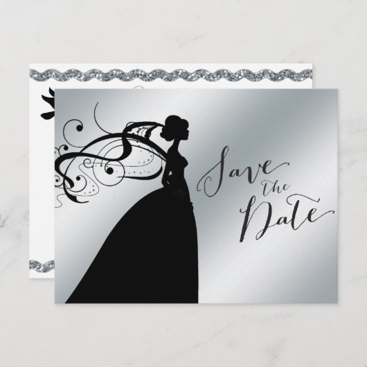 Élégant faire-part argenté avec la mariée (Devant / Derrière)