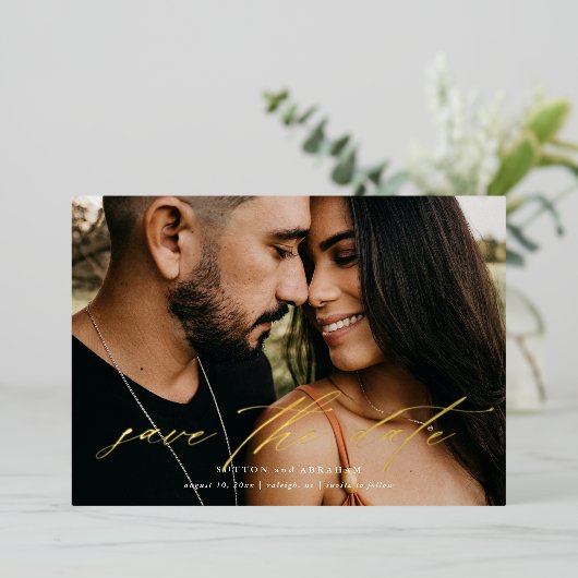 Élégant Faire-Part de Date avec Calligraphie Dorée (Debout devant)