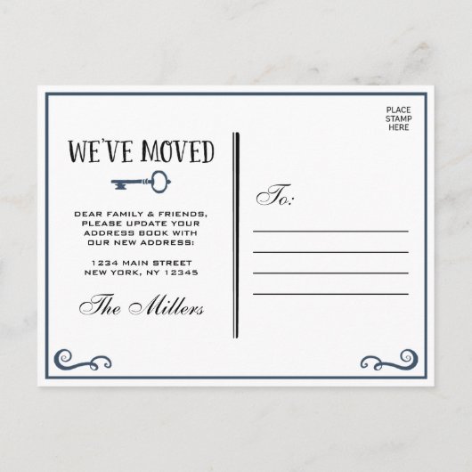 Élégant Faire-part de déplacement de clé bleue mar (Dos)