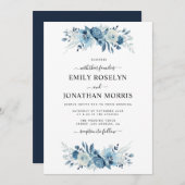 élégant faire-part de mariage à fleurs bleues (Devant / Derrière)