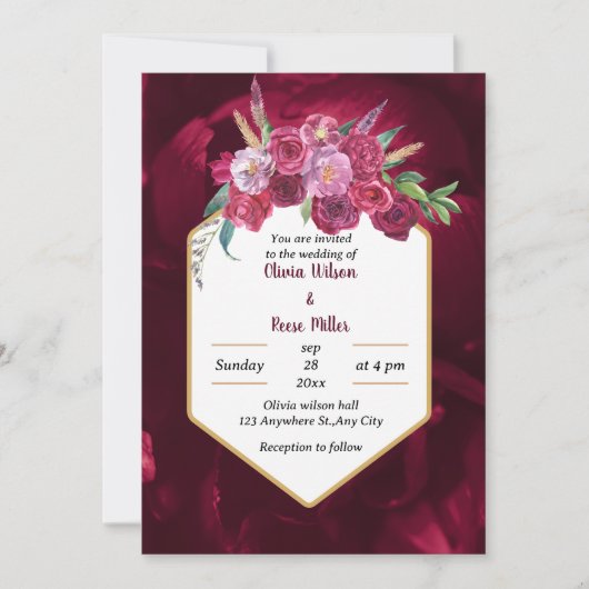 élégant faire-part de mariage à fleurs rose magent (Devant)