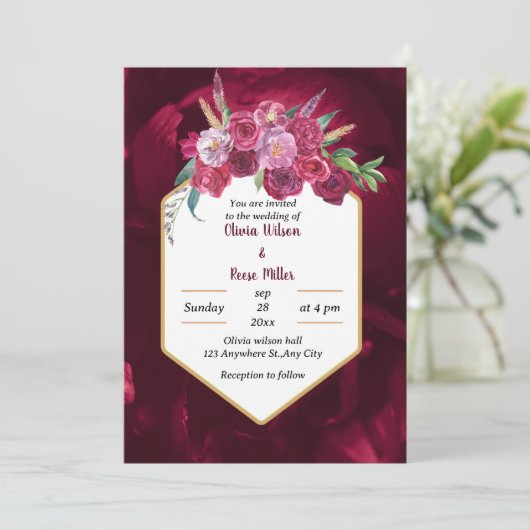 élégant faire-part de mariage à fleurs rose magent (Debout devant)