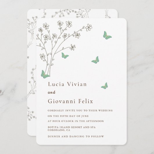 Élégant faire-part de mariage à papillon noir (Devant / Derrière)