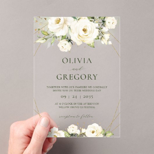 Élégant Faire-part de mariage acrylique Rose blanc (In situ (ordinateur de poche))