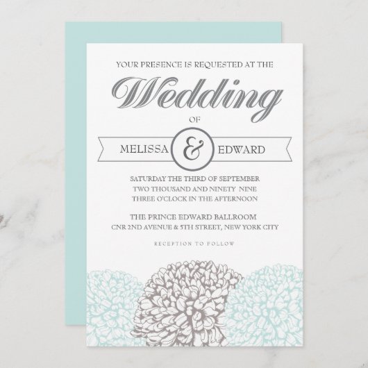 Elégant Faire-part de mariage Aqua aux fleurs Vint (Devant / Derrière)