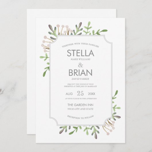 Elégant Faire-part de mariage aquarelle (Devant / Derrière)