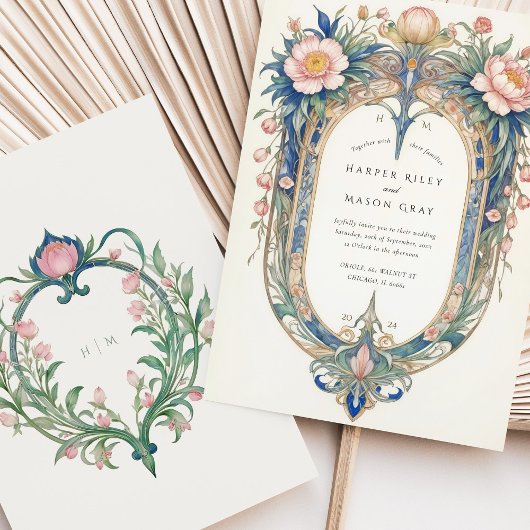 Élégant Faire-part de mariage Art Nouveau Peonies