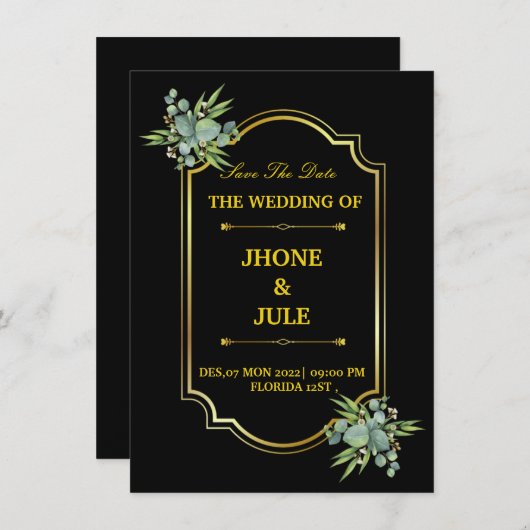 Élégant Faire-part de mariage Black Gold (Devant / Derrière)