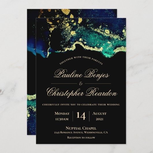 Élégant Faire-part de mariage Black Gold Green (Devant / Derrière)