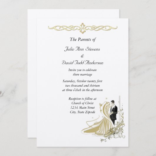 Elégant Faire-part de mariage blanc et or (Devant / Derrière)