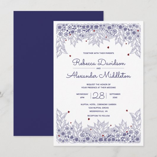 Elégant Faire-part de mariage Bleu Blanc (Devant / Derrière)