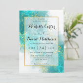 Élégant Faire-part de mariage Bleu Clair Et Or (Debout devant)