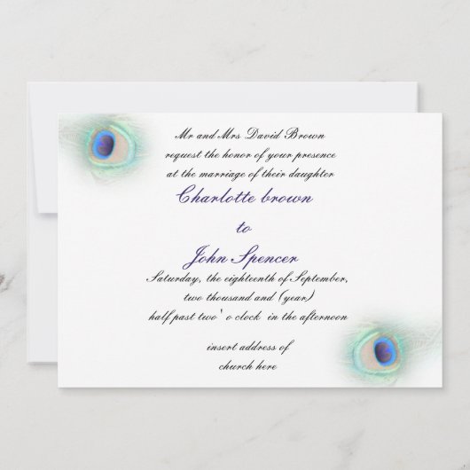élégant faire-part de mariage bleu cobalt paon (Dos)
