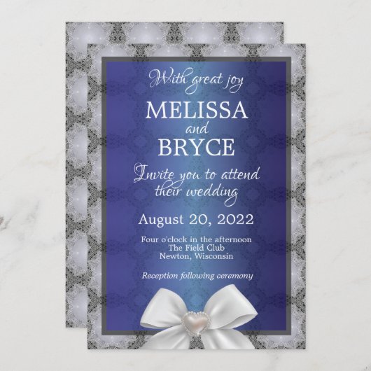 Elégant faire-part de mariage bleu et gris (Devant / Derrière)