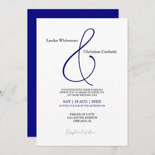 Elégant faire-part de mariage bleu marine (Devant / Derrière)
