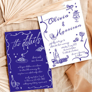 Elégant Faire-part de mariage bleu rétro dessiné à