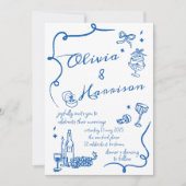 Elégant Faire-part de mariage bleu rétro dessiné à (Devant)