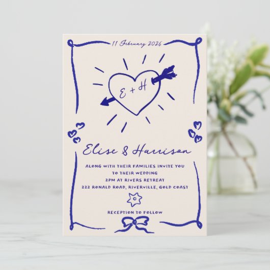 Elégant Faire-part de mariage bleu rétro tiré à la (Debout devant)