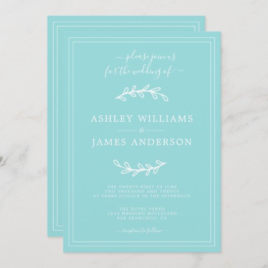 Elégant Faire-part de mariage bleu turquoise (Devant / Derrière)