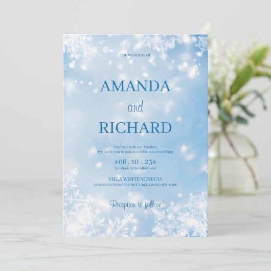 Élégant Faire-part de mariage Blue Snowflake (Debout devant)