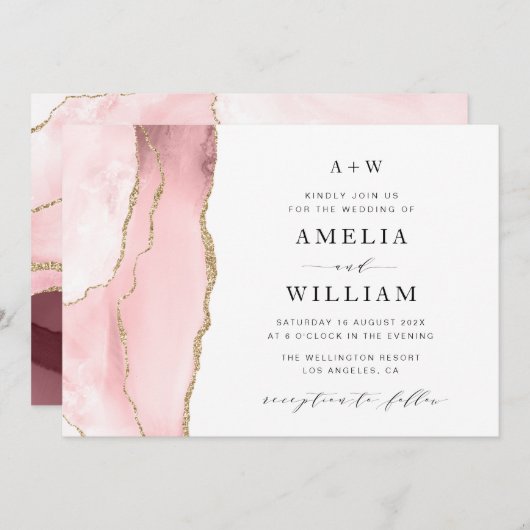élégant faire-part de mariage blush et or (Devant / Derrière)