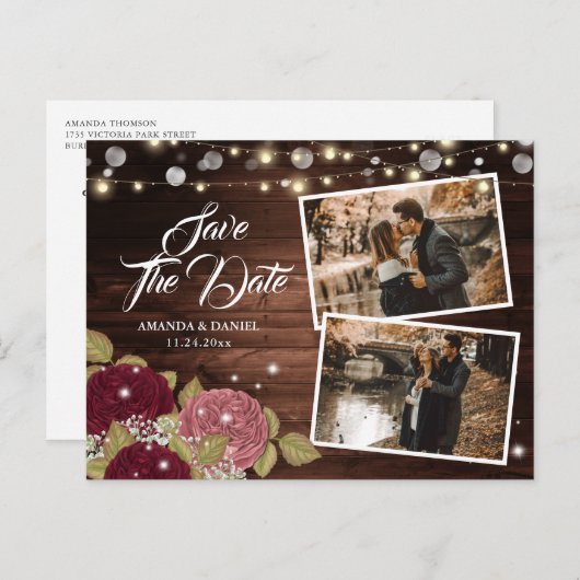 Élégant Faire-Part de Mariage Bois Rouge Bourgogne (Devant / Derrière)