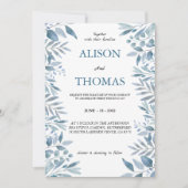 Élégant Faire-part de mariage botanique bleu et ve (Devant)