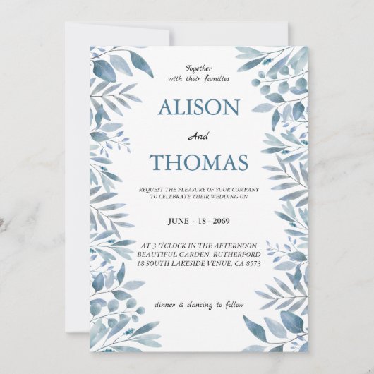 Élégant Faire-part de mariage botanique bleu et ve (Devant)