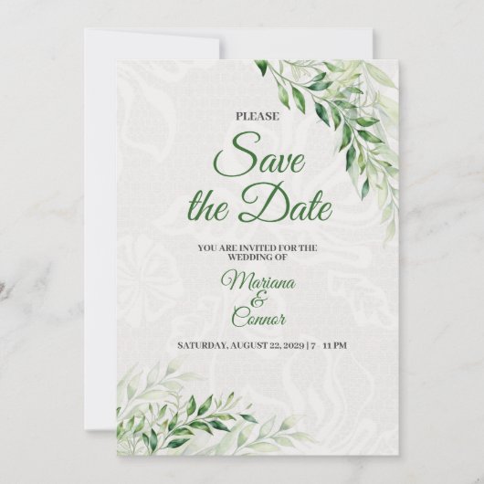 Élégant faire-part de mariage botanique vert à con (Devant)