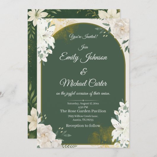 Élégant Faire-part de mariage Botanique Vert & Or (Devant / Derrière)
