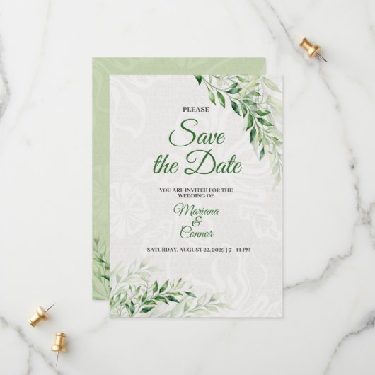 Élégant faire-part de mariage botanique vert Save (Devant/Arrière en situation)