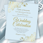 Elégant Faire-part de mariage BUDGET Bleu de la de<br><div class="desc">Ces invitations de mariage abordables et abordables sont le choix parfait pour la classe, le style et la beauté sur un budget. Le design est composé d'un arrière - plan bleu poudre pâle avec des boucles dorées ornées et des tourbillons dans les coins. La typographie comprend des lettres de script...</div>