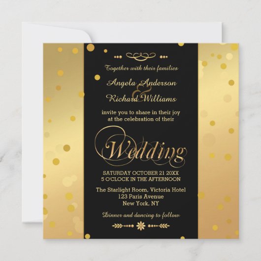 Élégant Faire-part de mariage Confetti Noir et Or (Devant)