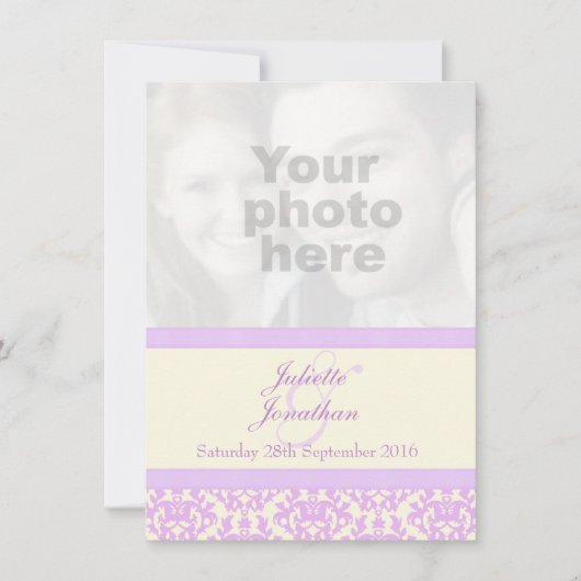 Élégant faire-part de mariage damassé lilas & crèm (Devant)