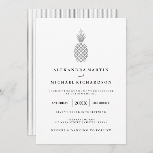Élégant Faire-part de mariage d'ananas en argent (Devant / Derrière)