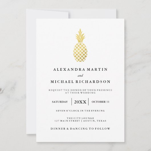 Élégant Faire-part de mariage d'ananas en or (Devant)