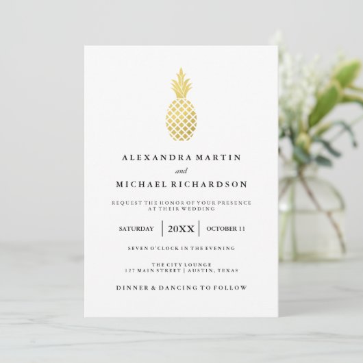 Élégant Faire-part de mariage d'ananas en or (Debout devant)